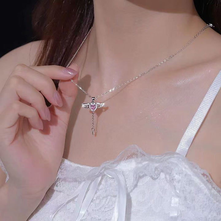 Angel Wing Heart Halo Lariat Drop Silver Necklace, Movable Winged Collarbone Necklace