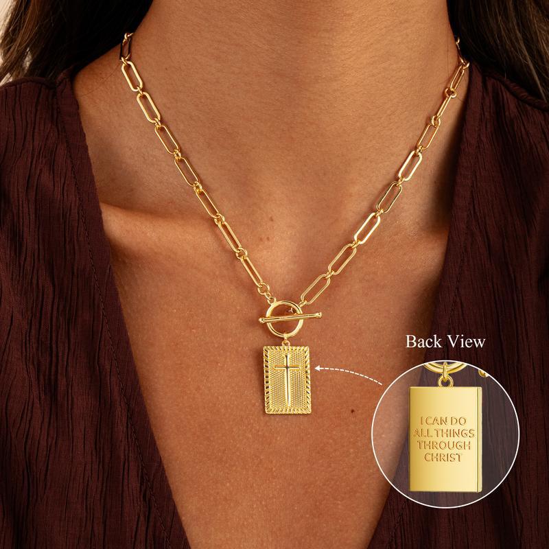 Paperclip Chain Toggle Clasp Rectangular Tag Pendant Necklace, Engraved Back Layerable Daily Fashion Jewelry