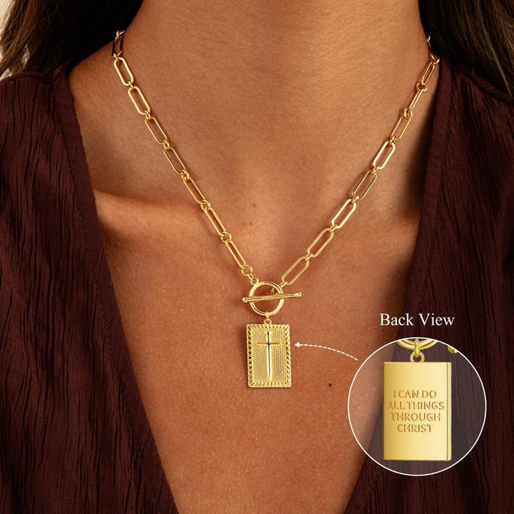 Paperclip Chain Toggle Clasp Rectangular Tag Pendant Necklace, Engraved Back Layerable Daily Fashion Jewelry