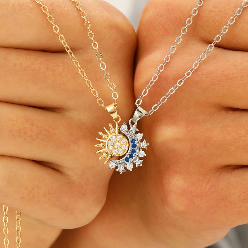 Magnetic Interlocking Sun Moon Star Couple Matching Pendant Necklace, His & Her Split Pair Spiritual Necklace