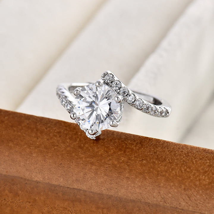 6-Prong Round Diamond Twist Shank Halo Engagement Ring, Adjustable Opening Diamonds Ring