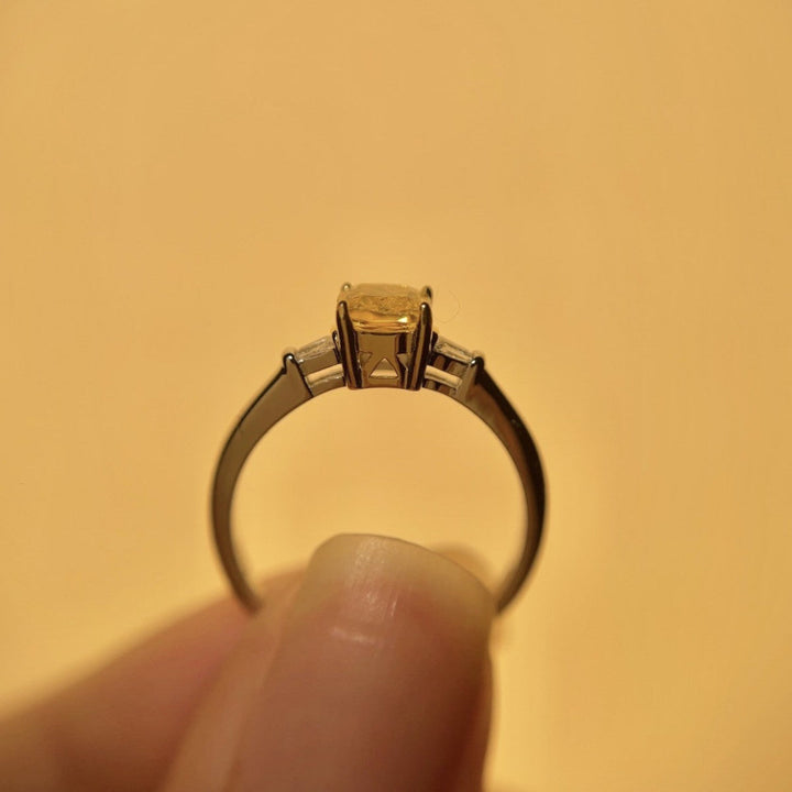Cushion Yellow Diamond Solitaire Ring, Slim Baguette Accent Minimal Promise Band