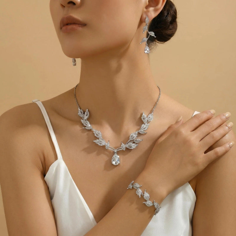 Leaf Teardrop DiamondsJewelry Set, 4-Piece Wedding Party Necklace Earrings Bracelet Kit