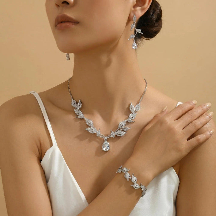 Leaf Teardrop DiamondsJewelry Set, 4-Piece Wedding Party Necklace Earrings Bracelet Kit