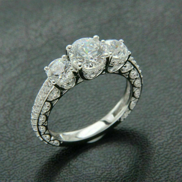 Three Stone Pave Diamonds Engagement Ring, Vintage Milgrain Promise Ring For Women