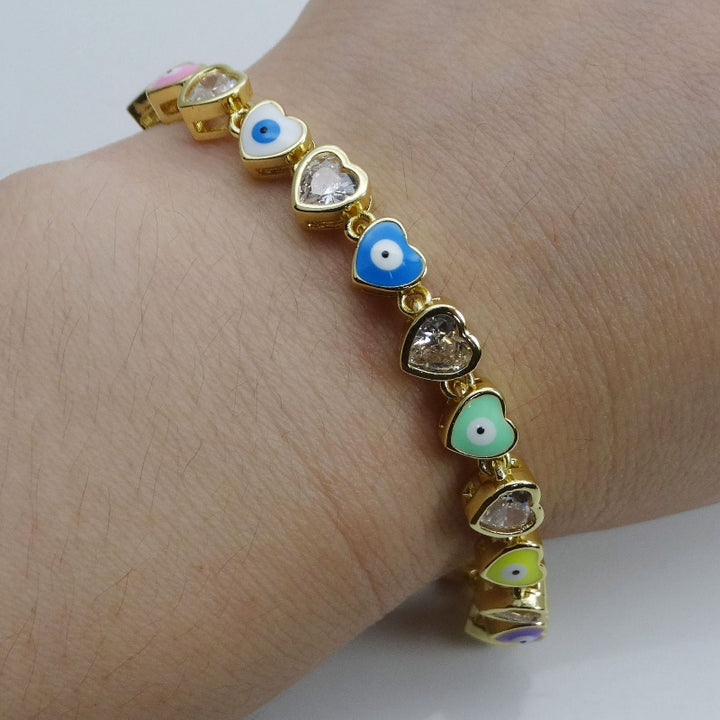 Multi-Color Enamel Evil Eye Heart Diamond Bracelet, Dainty Stackable Protection Symbol Women Coquette Wrist Jewelry