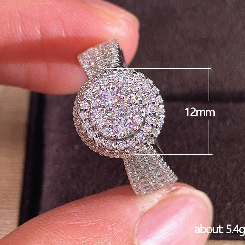Double Halo Diamond Wide Band Statement Ring, Full Pave Shiny Women’s Fashion Ring