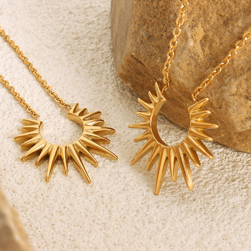 Crescent Sunburst Dainty Pendant Necklace, 18K Gold Silver Minimal Solar Collarbone Chain