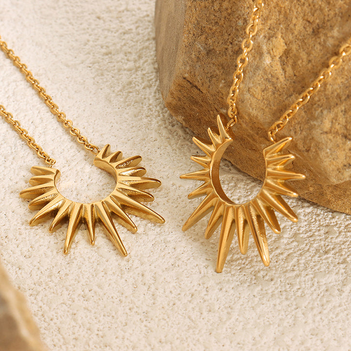 Crescent Sunburst Dainty Pendant Necklace, 18K Gold Silver Minimal Solar Collarbone Chain