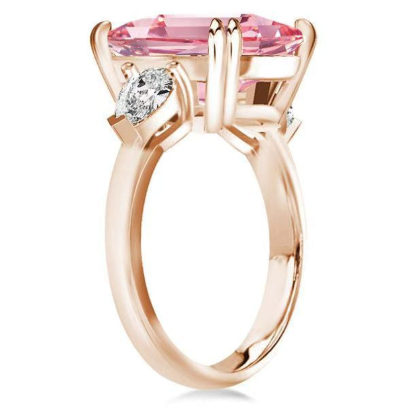 Emerald Cut Pink Gem Rose Gold Solitaire Ring, Side Teardrop Diamond Accent Band