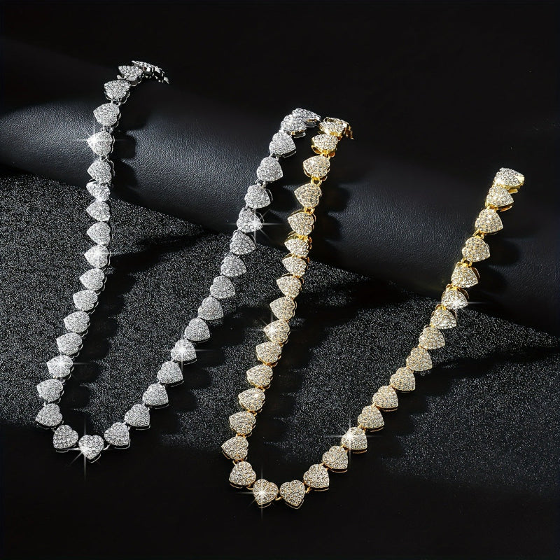 Full Pave Diamond Heart Tennis Choker, Iced Romantic Stackable Collarbone Statement Necklace