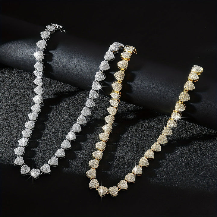 Full Pave Diamond Heart Tennis Choker, Iced Romantic Stackable Collarbone Statement Necklace