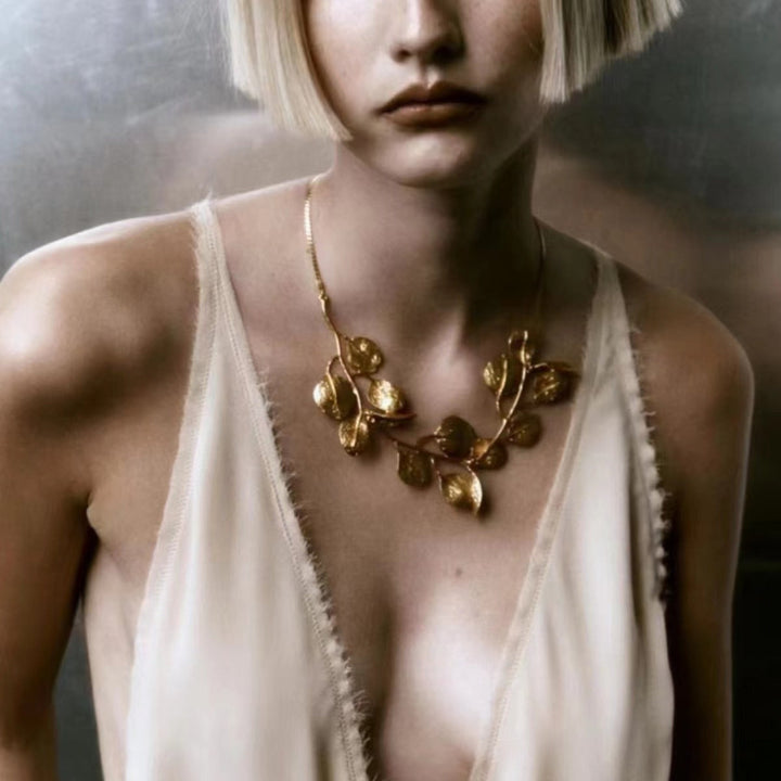 Textured Golden Leaf Vine Bib Choker, 18K Gold Nature Statement Collarbone Necklace