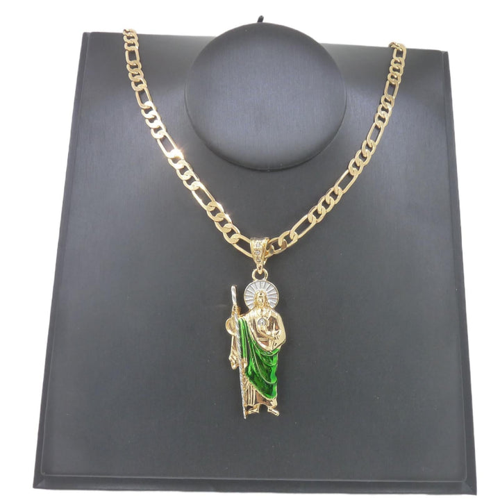 Plated Saint Jude Green Enamel Pendant Necklace, Religious Patron Saint Unisex Faith Statement Jewelry