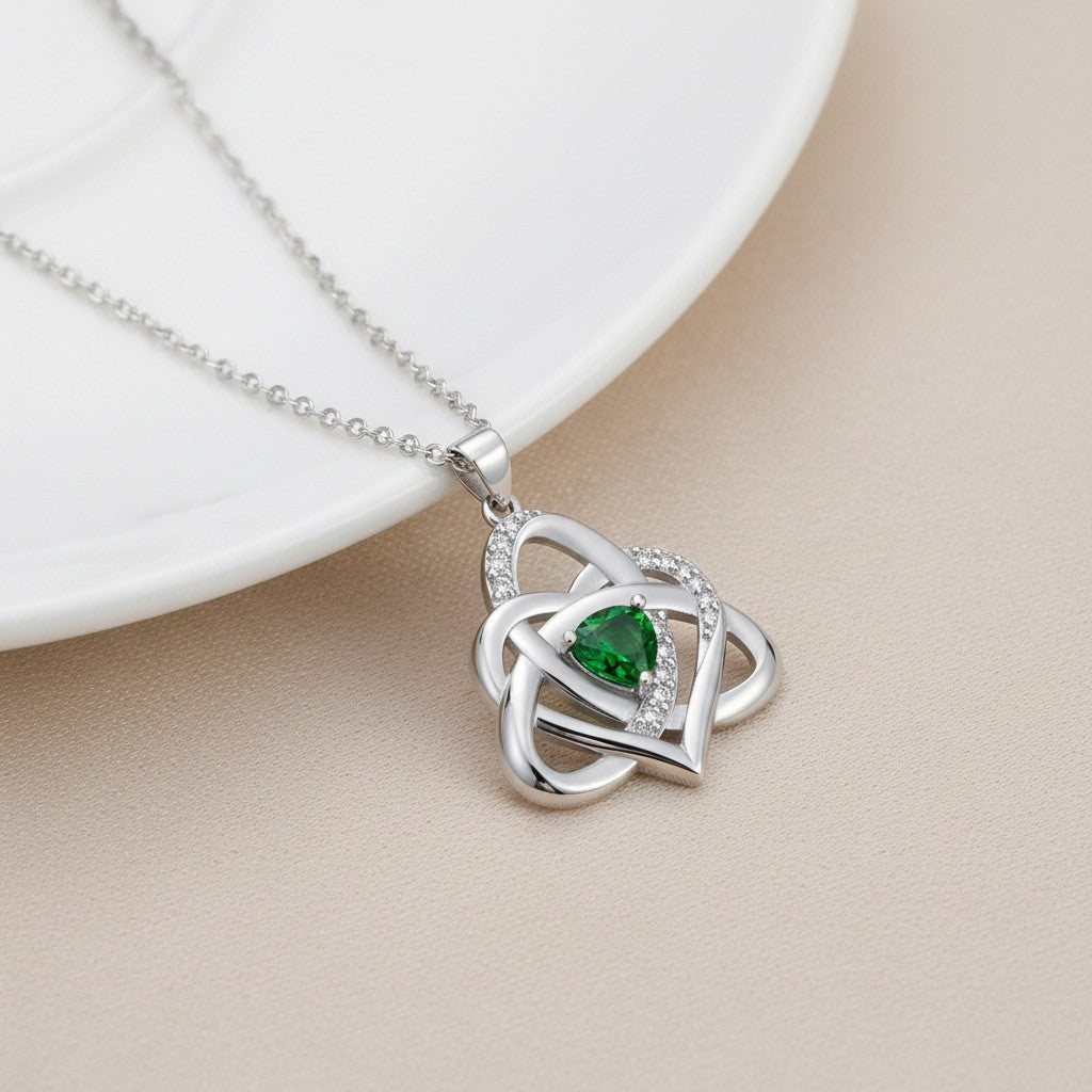 S925 Silver Celtic Knot Heart Pendant Necklace, Multi‑Color Gemstone Options