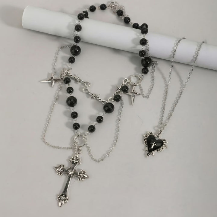 Dark-style multi-layer beaded necklace with cross pendants, Gothic Necklace for Women