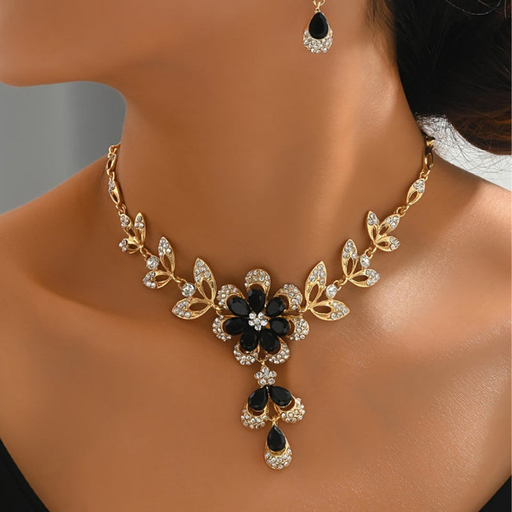Black Floral Diamonds Bib Jewelry Set, Diamonds Necklace & Drop Earrings For Women