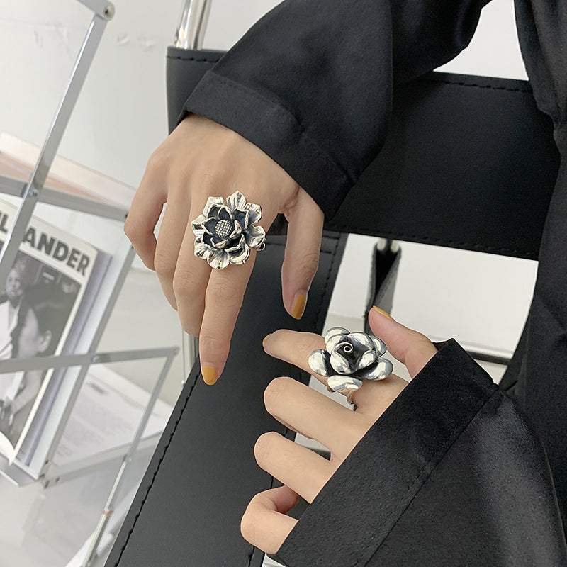 Vintage Silver 3D Sculpted Flower Statement Ring, Adjustable Floral Gothic Stackable Band