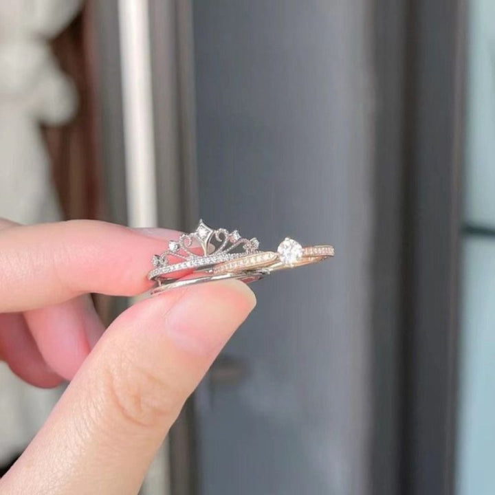 Exquisite 2-Piece Crown Stackable Ring Set, Sparkling Stone Queen Statement Rings for Women