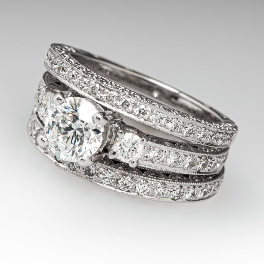 Vintage 3-Piece Stackable Ring Set, Round Brilliant Diamond Wedding Band Set