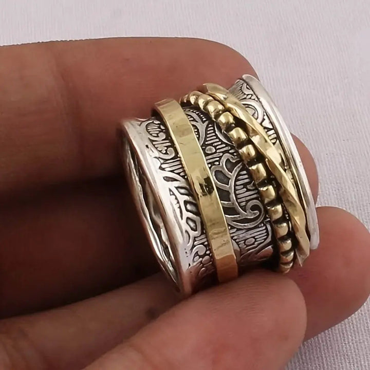 Two‑Tone Vintage Engraved Spinner Wide Band Ring, Boho Textured Rotating Fidget Statement Ring