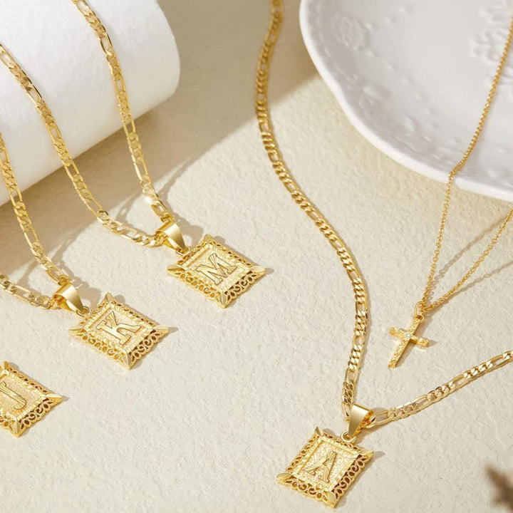 Stacked A-Z Initial Cross Diamond Necklace, Figaro & Thin Cable Chain Personalized Hip Hop Faith Statement Jewelry