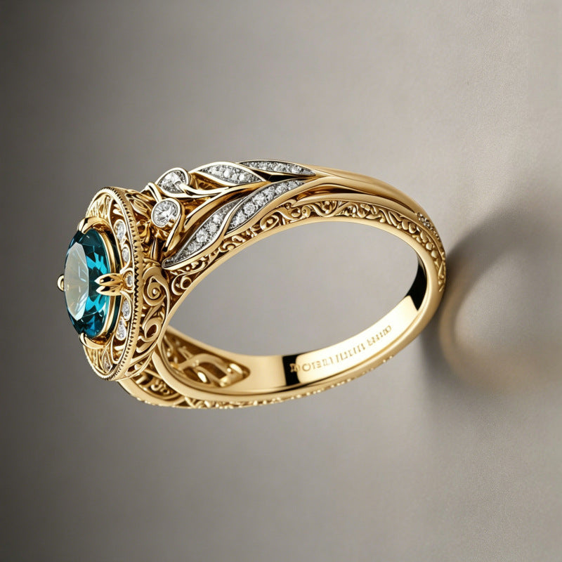 Vintage Round Blue Gemstone Ring, Intricate Filigree Diamond Accent Statement Ring, Luxury Gift
