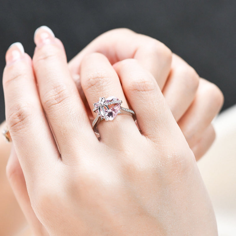 Bow‑Wrapped Heart‑Shaped Gem & Diamond Ring, Dainty Gift‑Inspired Statement Adjustable Opening Ring for Women