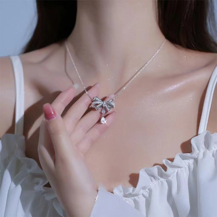 Bow Diamond Pendant Necklace, Elegant Sparkling Charm Necklace, Romantic Gift for Women