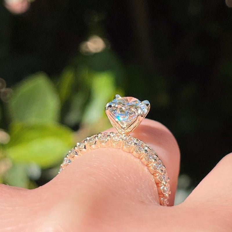 4 Prong Oval Diamond Two-Tier Pave Rose Gold Bridal Stack Ring Set
