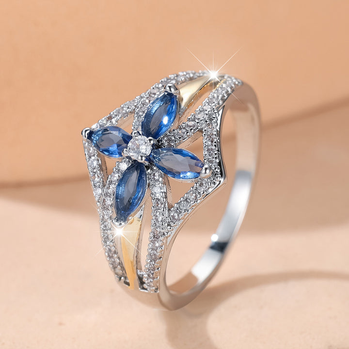 Two‑Tone Flower Marquise-Cut Blue Gems Ring, Perfect for Gift &amp; Daily Wear