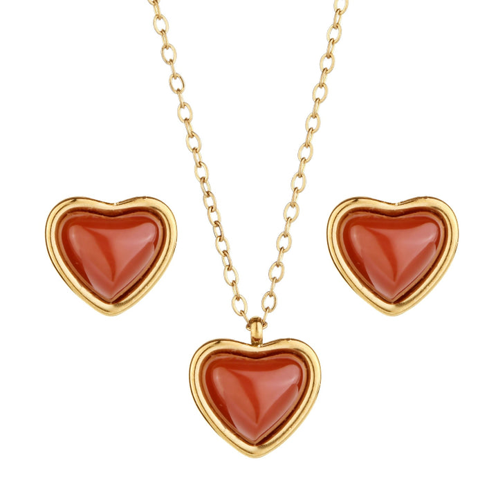 Warm Carnelian Heart Gold Jewelry Set, Dainty Romantic Matching Necklace & Stud Earrings