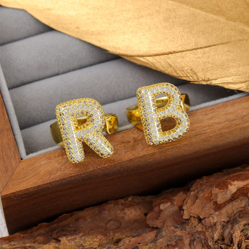 Adjustable Open Iced‑Out Initial Letter Diamond Ring, 26‑Alphabet Statement Unique Style Ring
