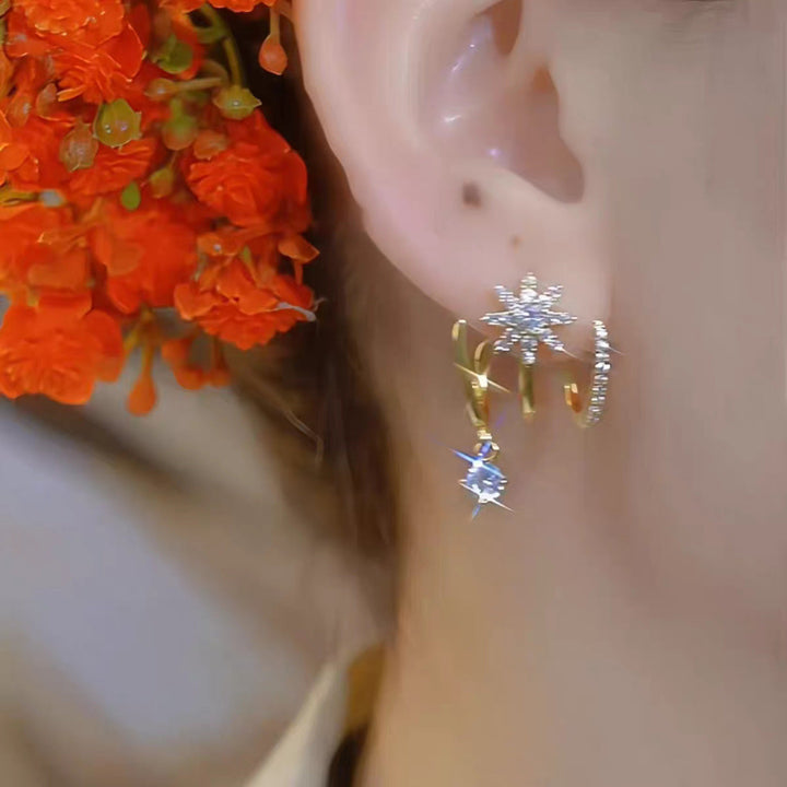 Luxury Minimalist Super Sparkling Eight-Pointed Star Earrings, Multi‑Band Design With Dangling Diamond Drop