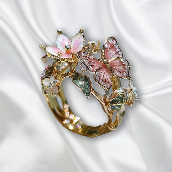 Vintage Nature Inspired Hummingbird &amp; Butterfly Flower Ring, Artistic Open Statement Rings for Women