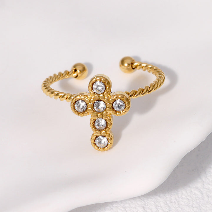 Twisted Band Cross Diamond Open Ring, Adjustable Vintage Stackable Finger Ring For Women