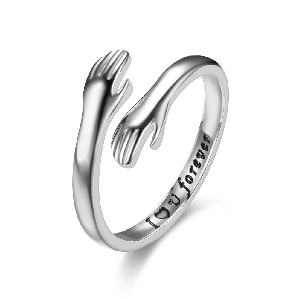 Hug Open Adjustable Couple Ring Set, Engraved Love Message Rings, Sweet Gift for Lovers