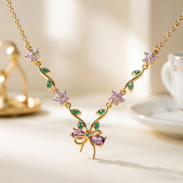 Vine Floral Bow Diamond Gold Necklace, 3 Pastel Tone Dainty Romantic Collarbone Chain