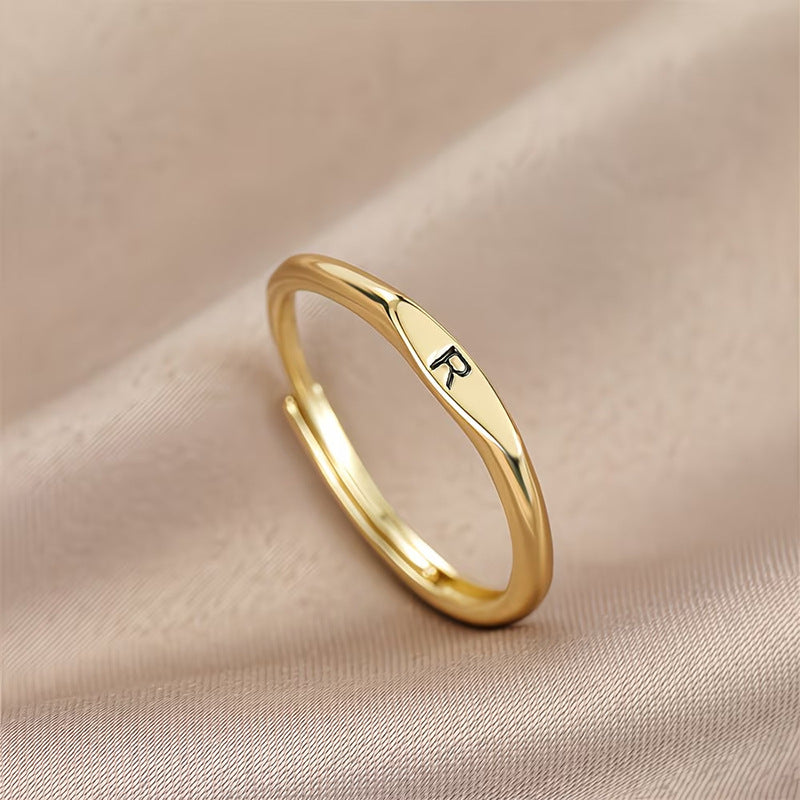 Custom 26 Initial Adjustable Stackable Ring, 14K Gold Dainty Tiny Minimalist Personalized Women Promise Band
