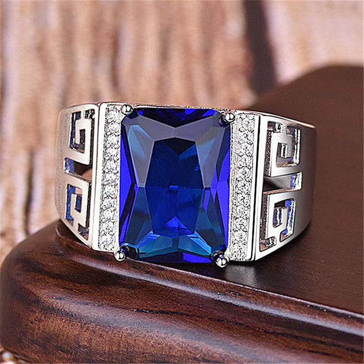 Geometric Pattern Open Statement Ring, Sophisticated Sapphire-Inlaid Ring for Men &amp; Women