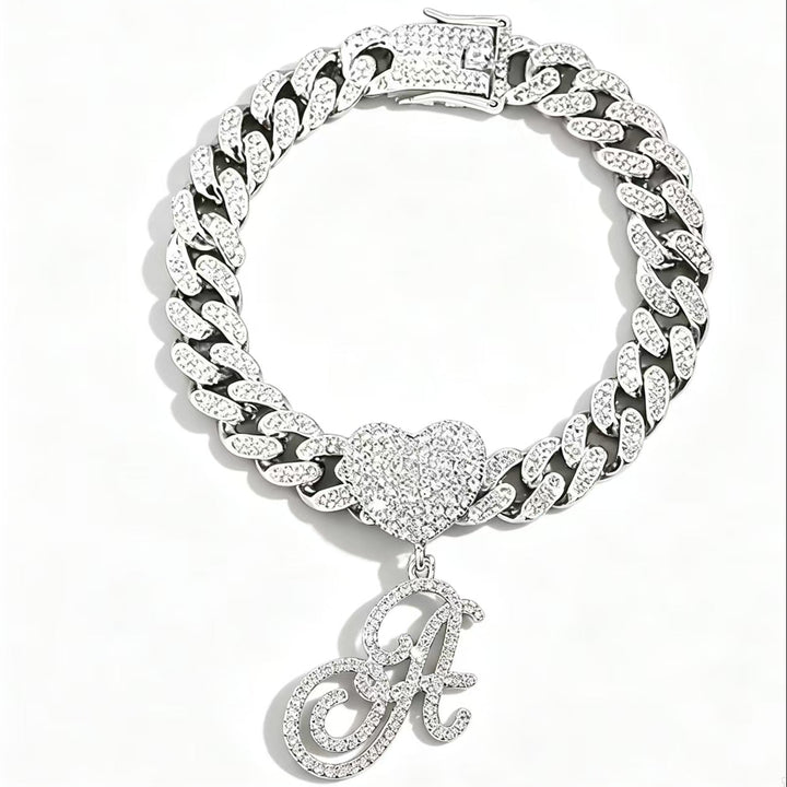 Cursive Initial Letter Diamond Cuban Chain Bracelet &amp; Anklet, Hip-Hop/Punk Style