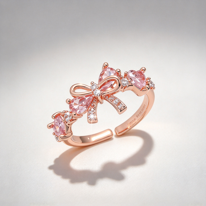 Cute Bow Open Ring, Pink Heart-Shaped Stone Bow Statement Ring for Women, 3 Color Available