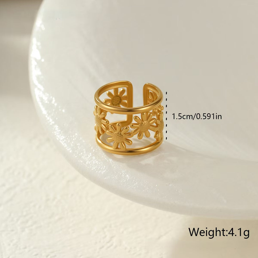2‑Style Gold‑Tone Open Cuff Statement Rings, Hollow Daisy & Cluster Pearl Adjustable Rings