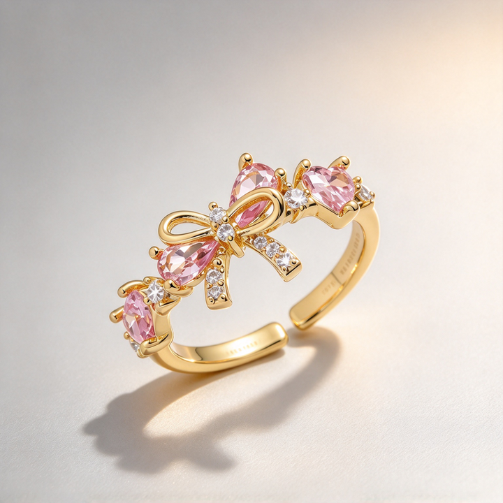 Cute Bow Open Ring, Pink Heart-Shaped Stone Bow Statement Ring for Women, 3 Color Available
