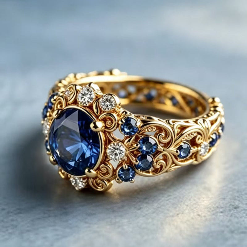 Ornate Royal‑Blue Gem & Diamond Statement Ring, Luxury Floral Pattern Ring with Exquisite Sapphire Inlay