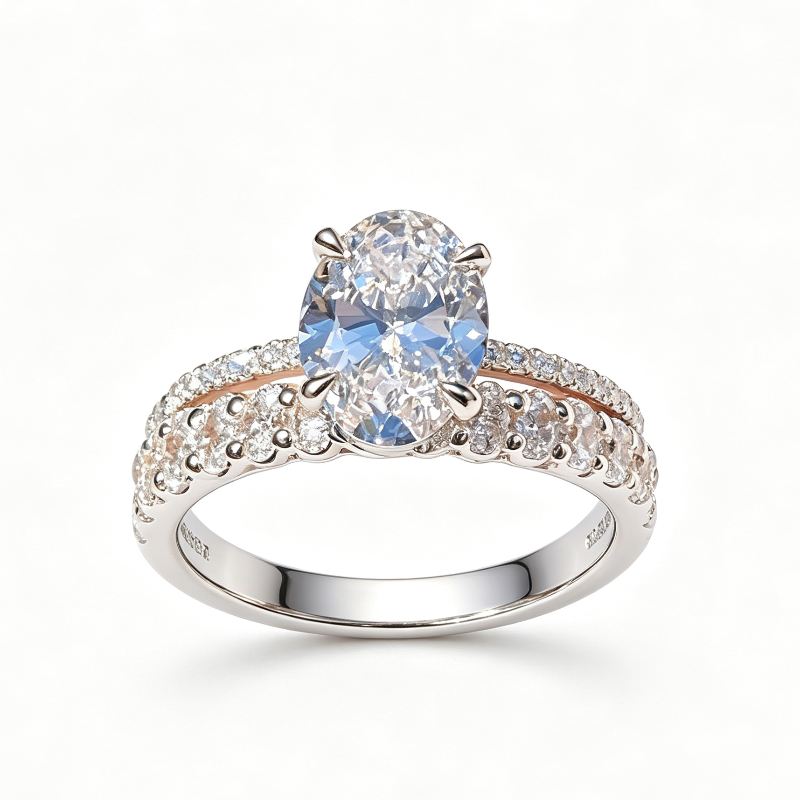 4 Prong Oval Diamond Two-Tier Pave Rose Gold Bridal Stack Ring Set