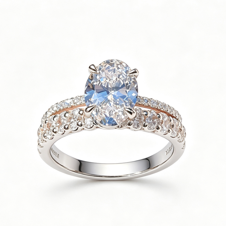 4 Prong Oval Diamond Two-Tier Pave Rose Gold Bridal Stack Ring Set