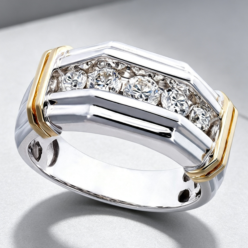 Two‑Tone Men’s Band Ring, Channel‑Set Sparkling Diamonds Statement Jewelry