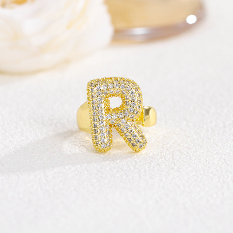 Adjustable Open Iced‑Out Initial Letter Diamond Ring, 26‑Alphabet Statement Unique Style Ring