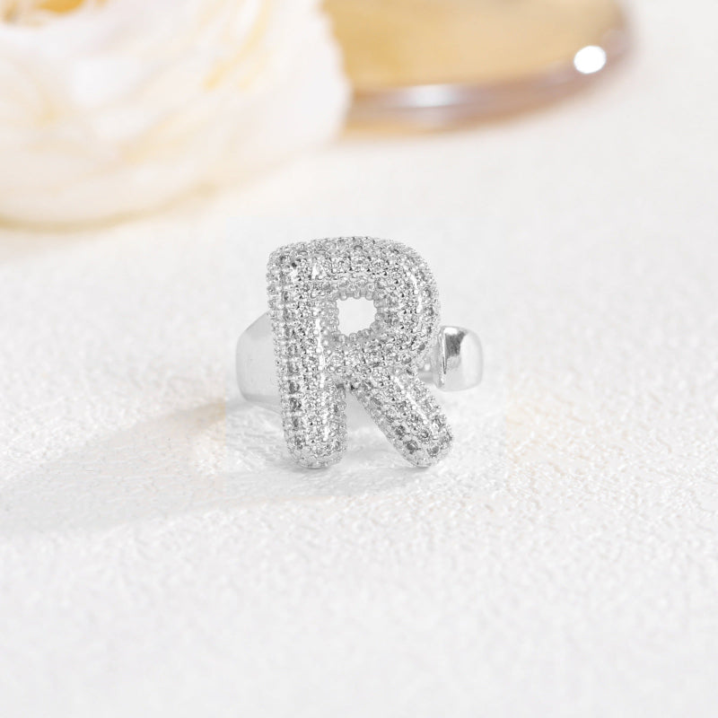 Adjustable Open Iced‑Out Initial Letter Diamond Ring, 26‑Alphabet Statement Unique Style Ring